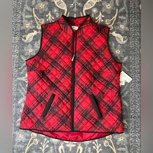 Yarn & Sea Red Black Green plaid quilted puffer vest
